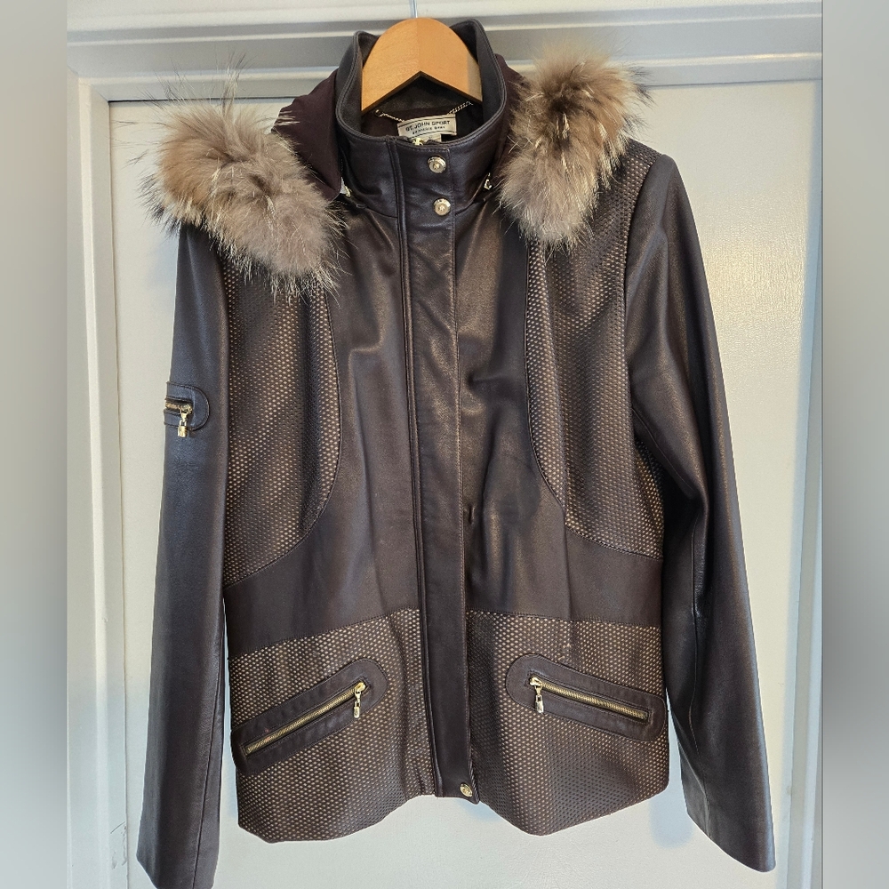 St John Sport Leather Jacket w Racoon Fur Trim